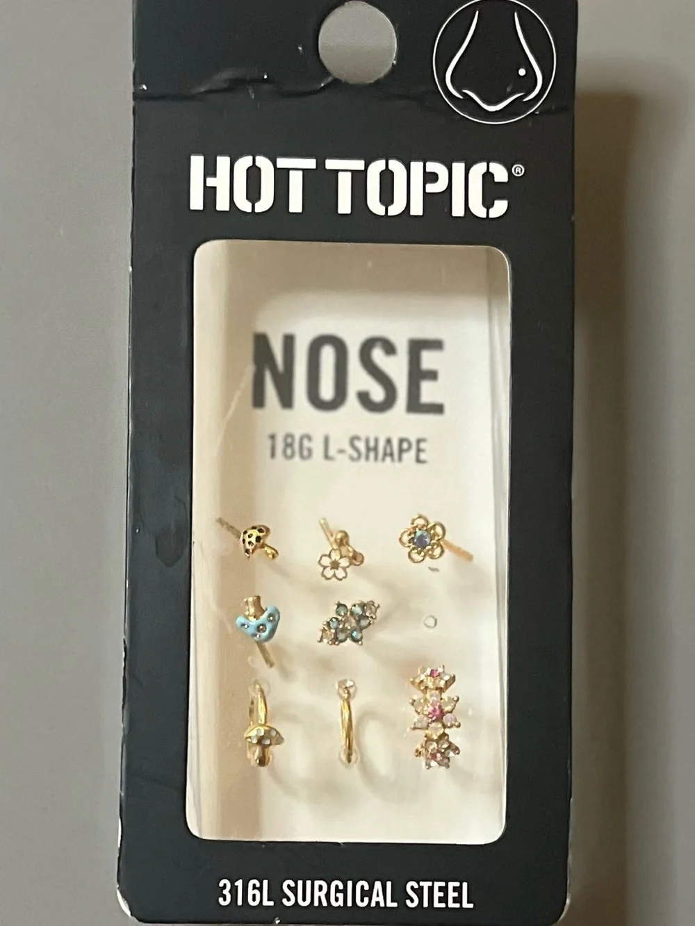Hot Topic Nose Stud Set 9 Pack 18G L-Shape Gold Butterfly Mushroom NWT